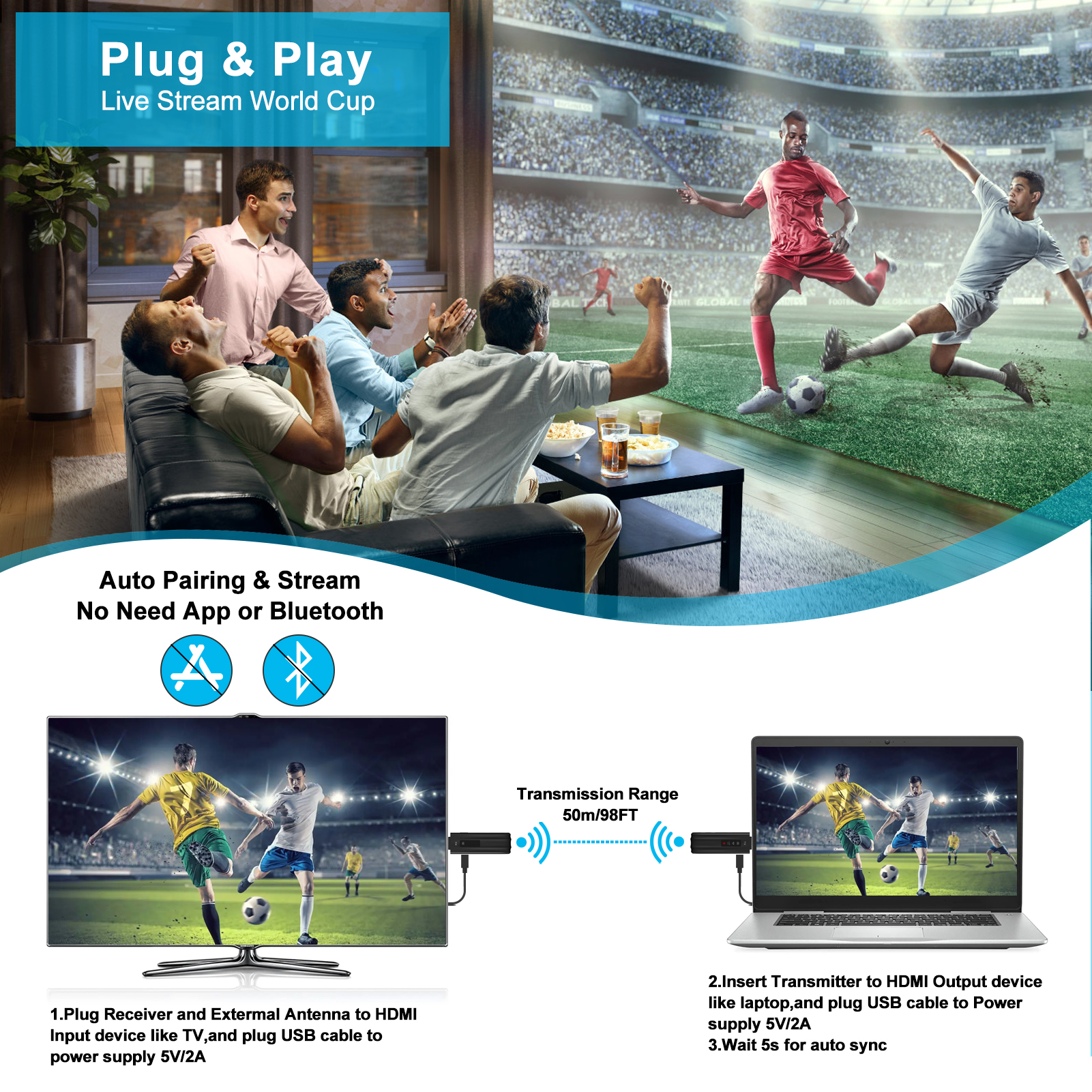1080p 50m 5.8g hdmi draadloze videozender/ontvanger/verlengadapter/dongle-kit voor het aansluiten van een laptop, pc, tv, monitor of projector op een bioscoop.