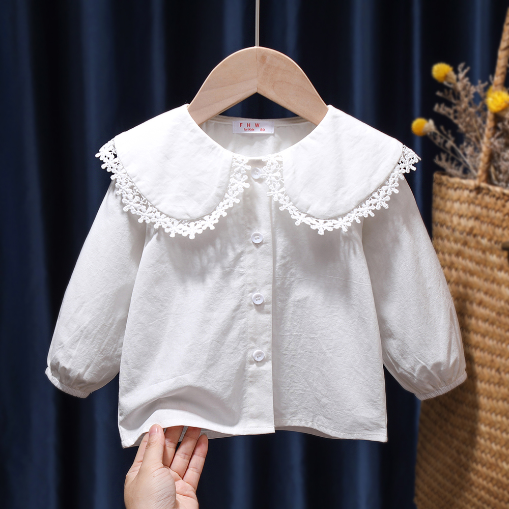 Blusa de algodão para bebês meninas, camisa branca para crianças manga comprida para escola primavera e outono: Branco / 12M(80)