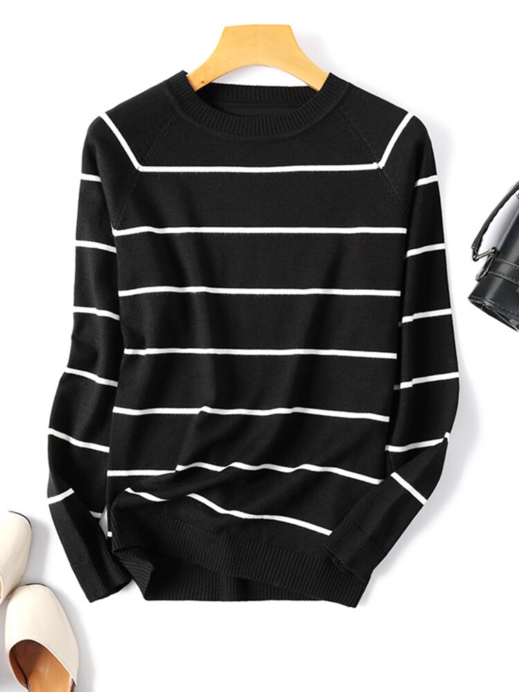 Syksy talvi raidalliset neulotut villapaidat neuleet pitkähihainen korealainen löysä pusero pehmeä lämmin neulepusero femme 2022: Musta raidallinen
