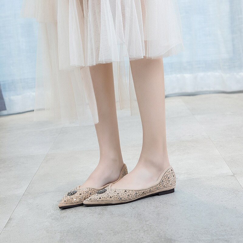 Metal Rivets crystal flower pointed toe flock loaf... – Grandado