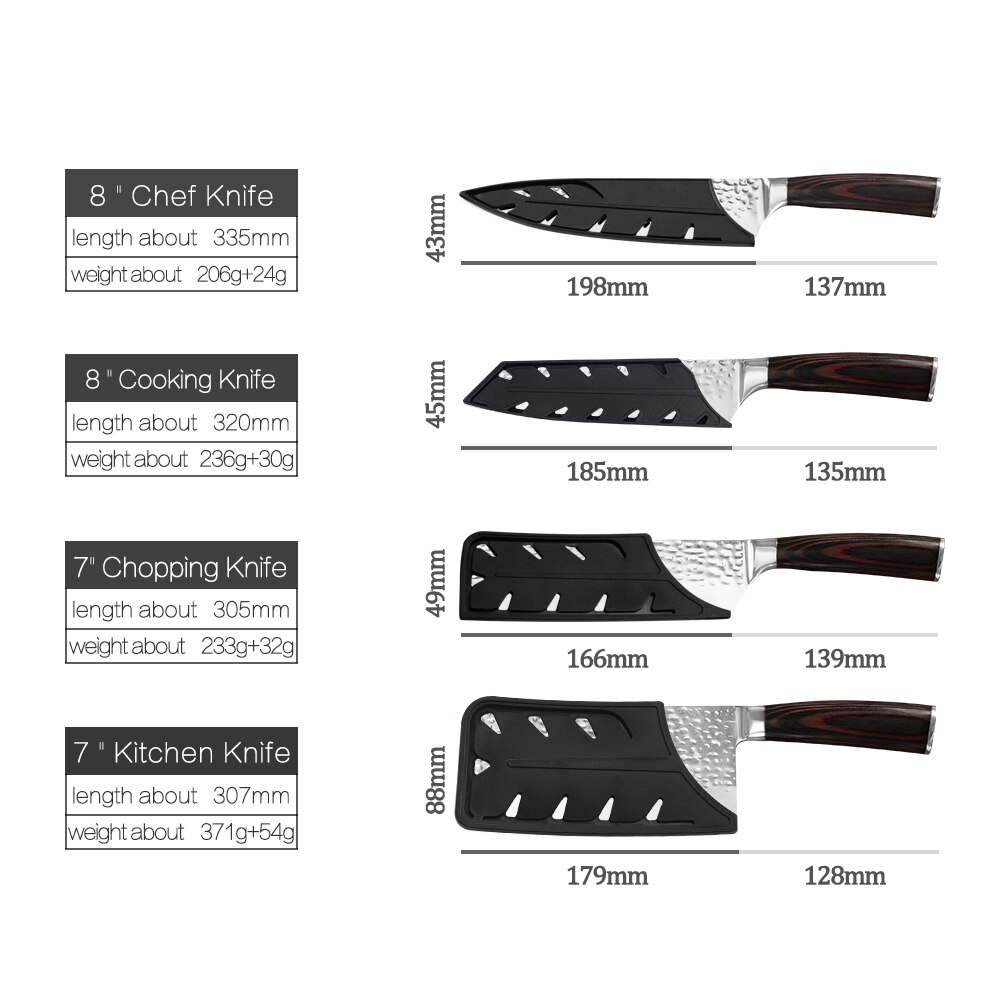 XYj 4 Pcs Forged Kitchen Knives Set 7cr17 Stainless Steel Blade Color Wood Handle Nakiri Cleaver Chef Knife Sheath Cover: A 4 Pcs Set
