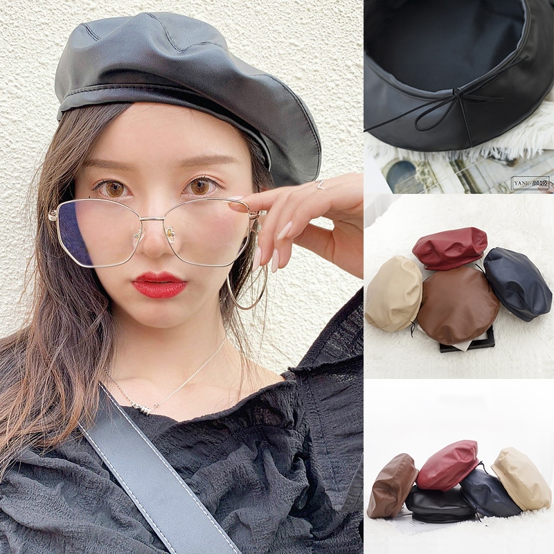 Winter baret pet dames casual pu leren baret hoed voor dames herfst retro mutsen