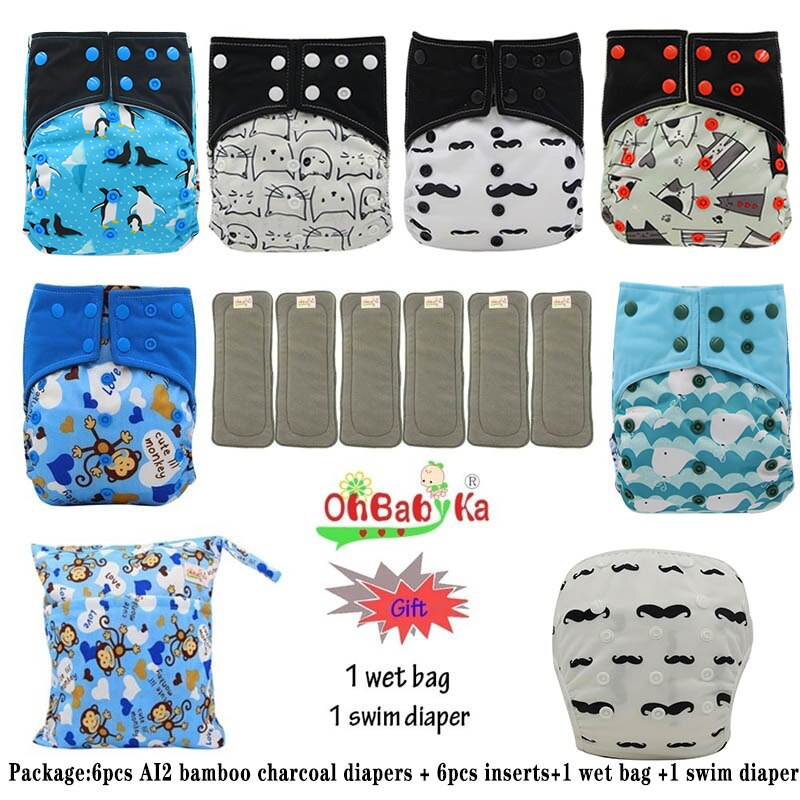 Ohbabyka AI2 wiederverwendbar Tuch Windeln für Mädchen, einstellbare Waschbar Windel 6 stücke + 6 stücke Bambus Holzkohle Einsätze + nass Tasche + Schwimmen Windel: 99
