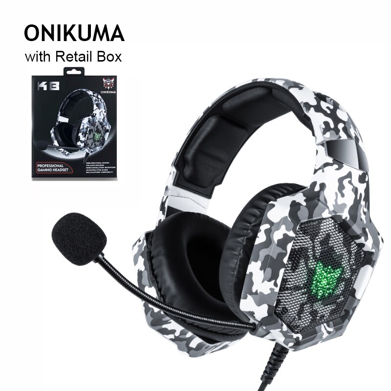 ONIKUMA K8 Gaming Headphones Camouflage Casque Wired PC Gamer Stereo Game Headset With Mic LED Light For PS4 PC XBox One Laptop: camo white with box