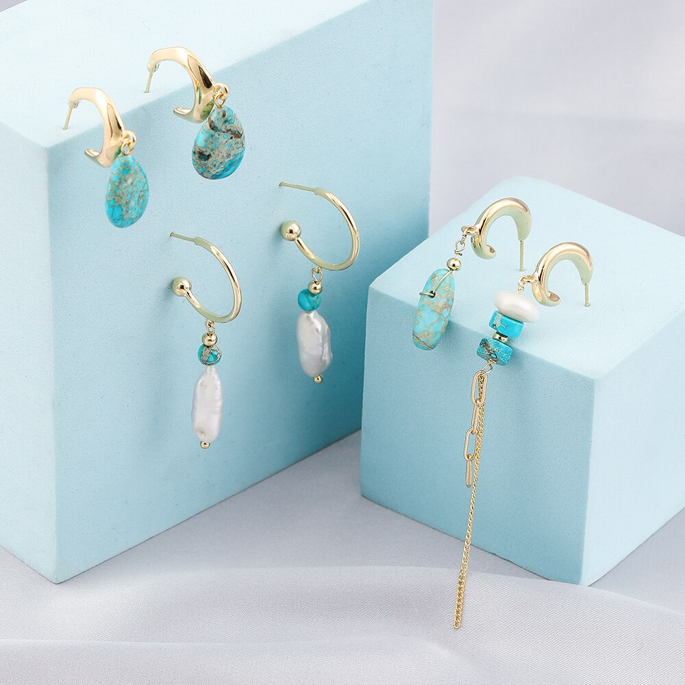 Vg 6 Ym Mode Turquoise Parel Hoepel Oorbellen Voor Vrouwen Trendy Geometrische Cirkel Blauw Stone Gold Metal Oorbellen Sieraden 2022