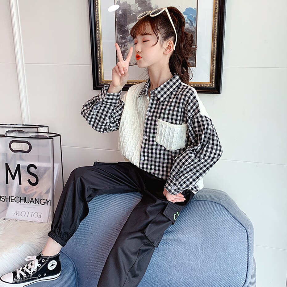 Shirts For Girls Plaid Pattern Blouse For Girl Patchwork Children's Shirts For Girls Spring Autumn Teenage Clothes For Girls