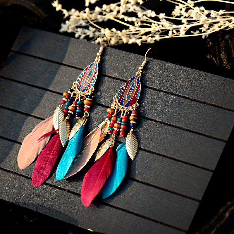 Pendientes de borla de plumas bohemias para mujer, aretes de gota de agua Vintage, joyería India Bohemia Kolczyki