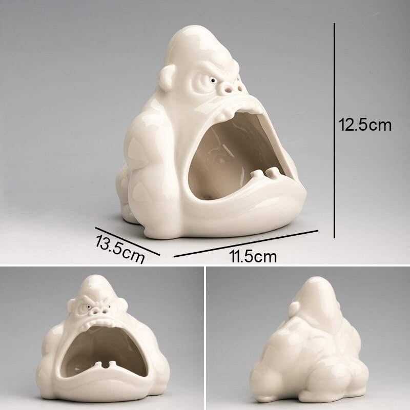 Cute Cartoon Small Animal Ashtray Gorilla Anti-Fly Ash Ceramic Household Living Room Car Ashtray: S-White