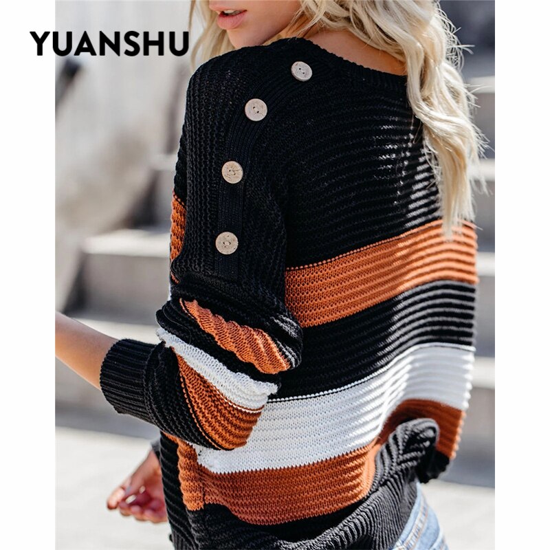 YUANSHU Pull Femme Casual Oranje Gestreepte Trui Vrouwen Warm Gebreide Trui Herfst Winter Losse Dames Tops Vrouwelijke Jumper