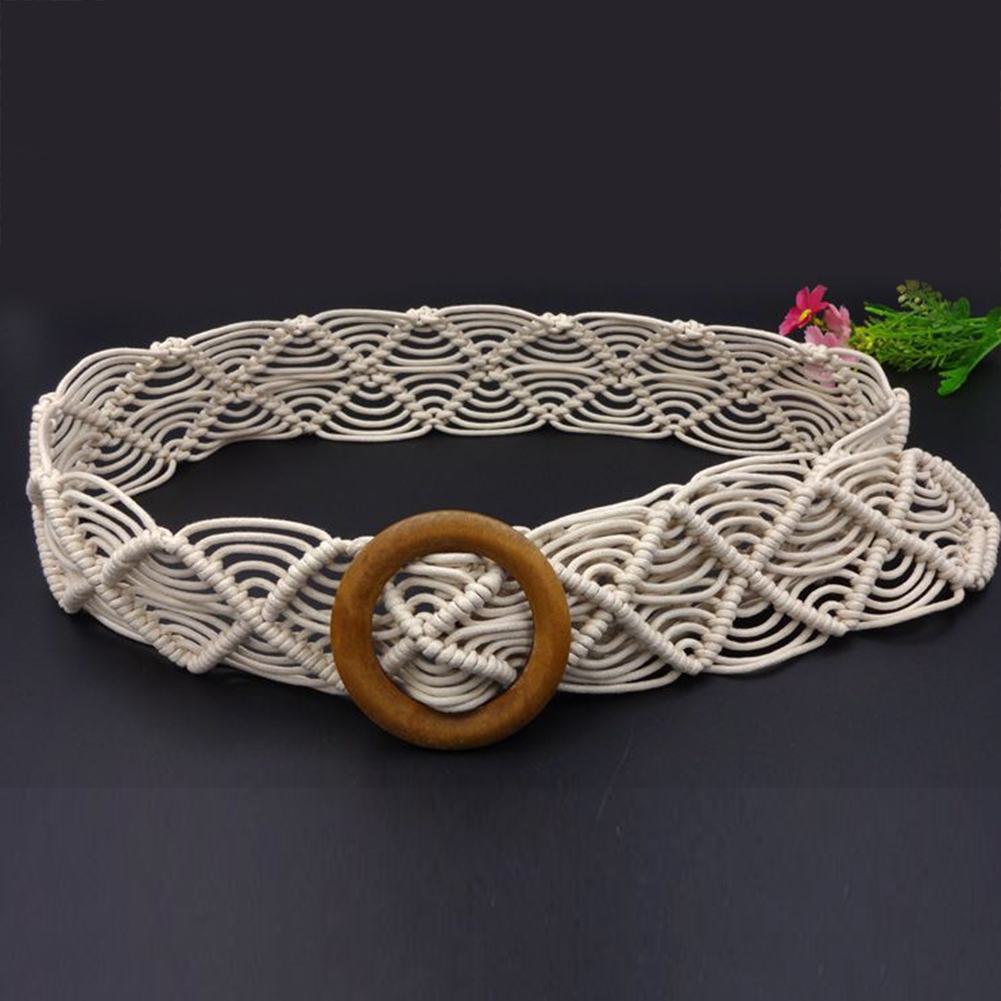 Hebilla de madera redonda trenzada a mano para mujer, Cinturón liso de Estilo bohemio, cuerda de cera, cinturón de punto, cinturones informales de color caqui para mujer,: Blanco