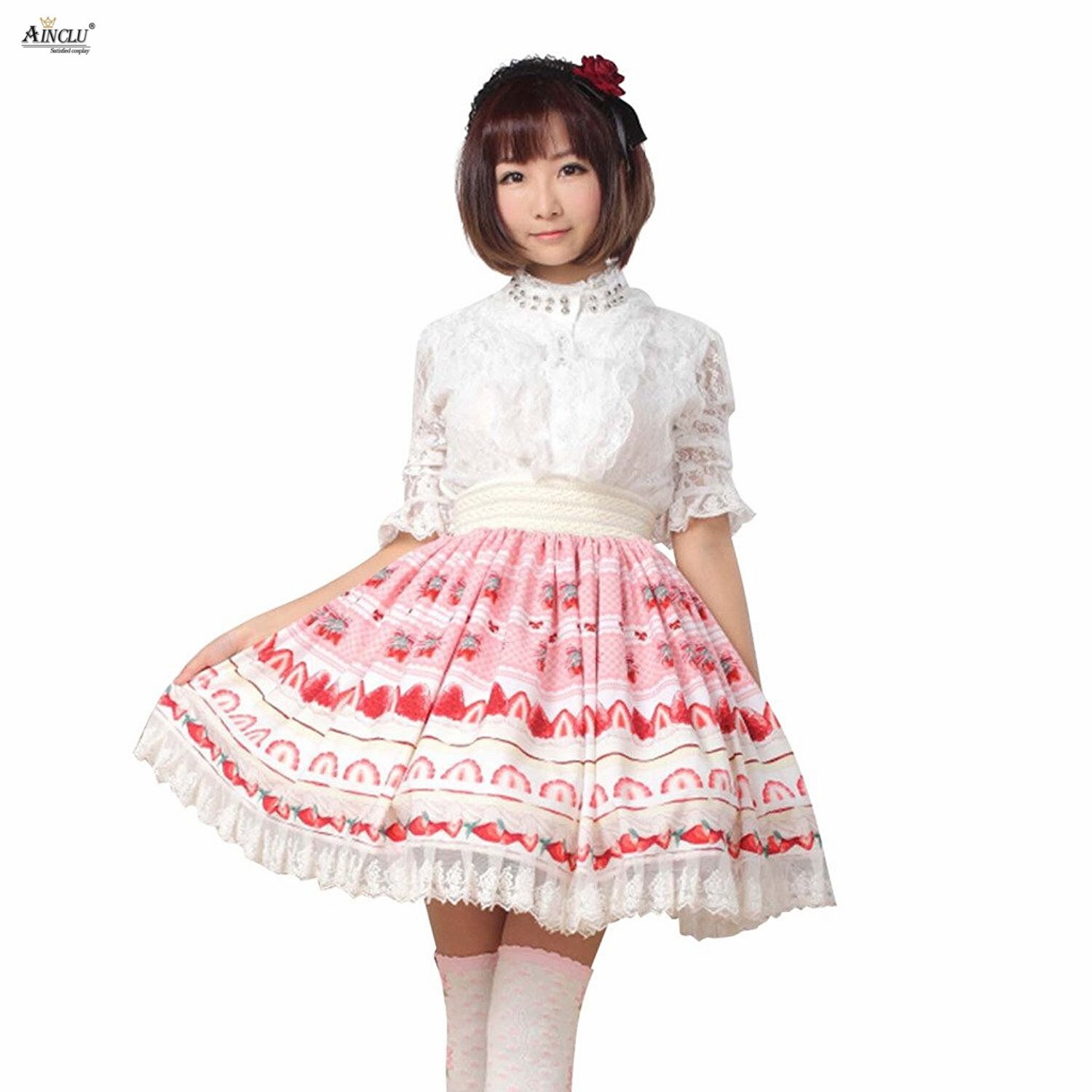Kvinners kjæreste jordbærtrykte lolitaskjørt rosa polyester blondere prinsessefest fersk lolita puffskjørt: S