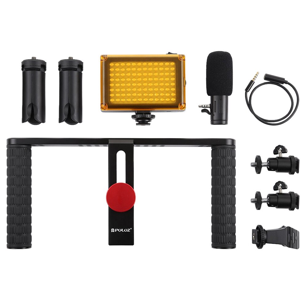 Mobiele Live Set Aluminium Camera Kooi Set met Microfoon + Mini Statief + LED verlichting voor Mobiele Telefoon Live broadcast