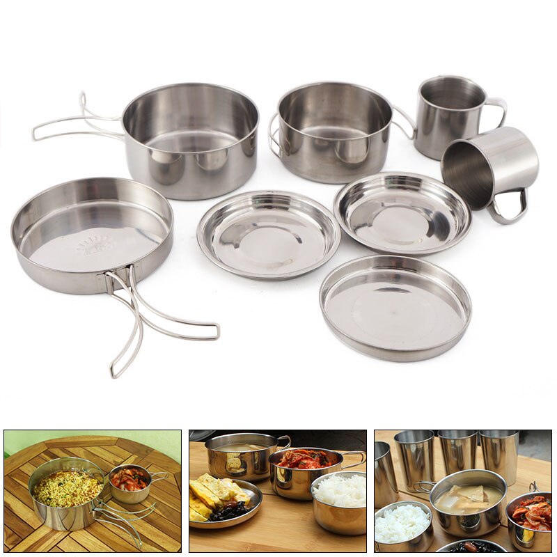 Juego de ollas de acero inoxidable para cocina, juego de ollas de cocina, plato, taza de agua para Picnic al aire libre, Camping, escalada, 8 Uds.