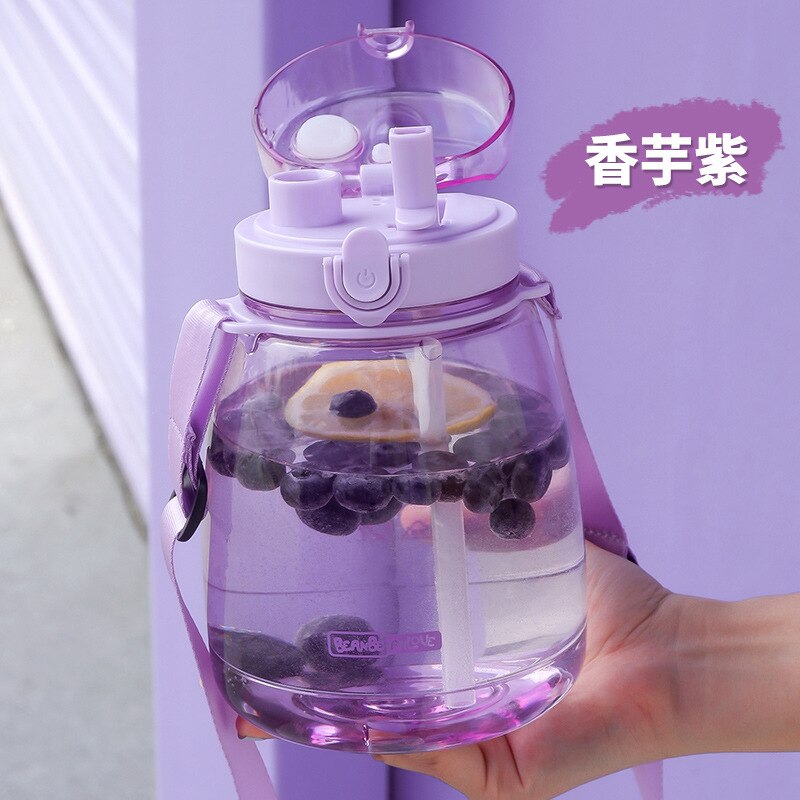 1300Ml Grote Pudding Drink Cup Tweeërlei Gebruik Student Draagbare Band Stro Water Cup Grote Capaciteit Plastic Eco friendy Leuke Waterbottle: Blauw