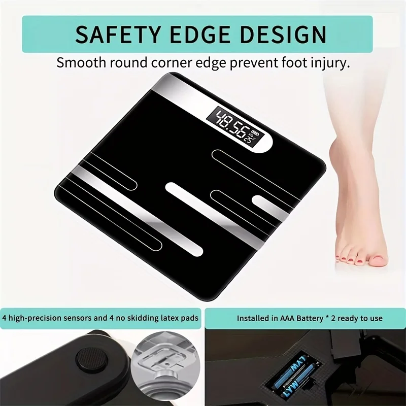 Modern Black Digital Scale with LCD Screen - Accurate Bathroom Floor Weight Scale, Battery Powered, Easy-to-Read Display