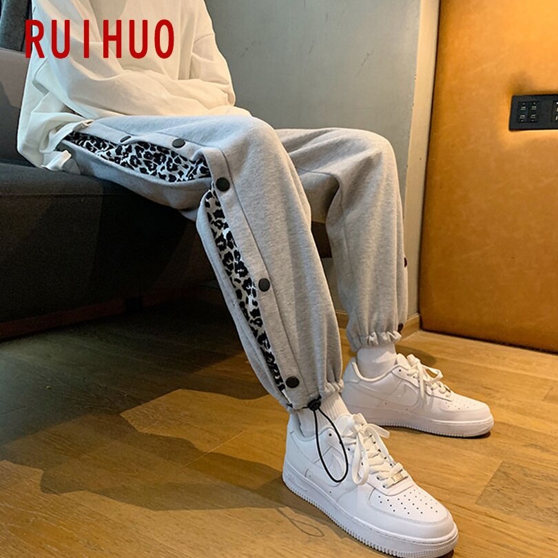 RUIHUO Leopard Print Ankle-Length Pants Men Harajuku Men Joggers Sweatpants Work Clothes Men Pants Hip Hop 2XL: Asian size XL / Gray