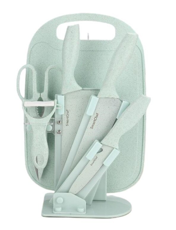 Tarwe Stro Mes Set Rvs Zeven Stuk Mes Set Keramische Mes Keuken Set Mes Schaar Fruit mes Houder: Green Green base