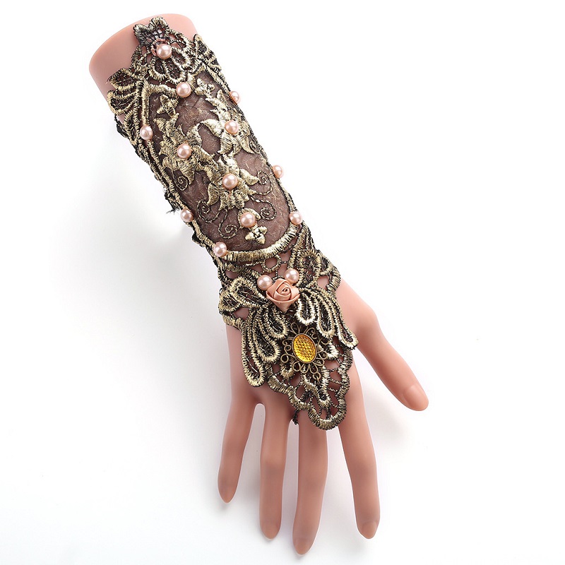 Kostuum 1 Stuk Armbanden Arm Mouw Morsmouw Dans Accessoires Zwarte Kleur Gouden Kant Met Parel Armband Bruid Sieraden