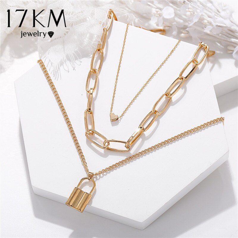 Vintage Multi Layer Lock Necklaces Chain For Women Gold Heart Key Pendants Necklace Party Jewelry