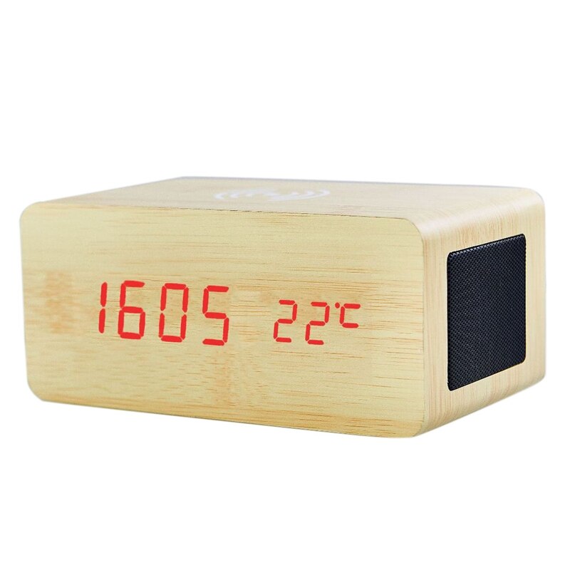 Wood Alarm Clock Bluetooth Speaker Desk USB Digital Clocks LED Wireless Charging Phone Temperature Wooden Table: Photo color   red