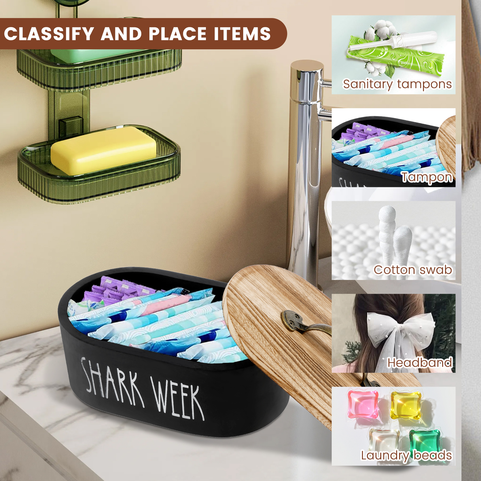 Opbevaringsboks til vatrondeller i træ med tampon og låg, stor kapacitet, vatpind til vatpind, kosmetikorganisator