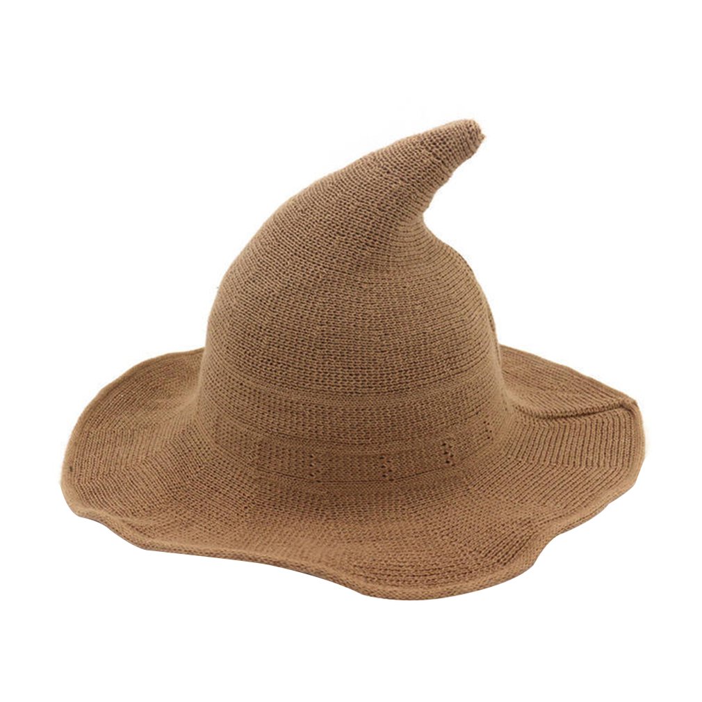 Hat Female Korean Version Of The Witch Hat Spire Big Hat Cotton Yarn Knit Witch Hat Hat Foldable Basin Hat Fisherman Hat: LIGHT BROWN
