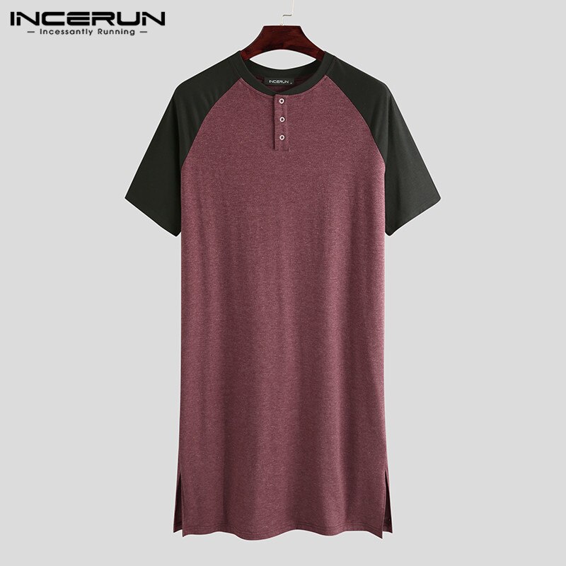 Man Sleep Tops Summer Short Sleeve Round Neck Patchwork Sleepclothes Men Sleepwear Nightshirts Loose Nightwear Homewear INCERUN: Wine Red / L