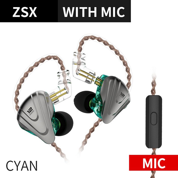 Auriculares metálicos KZ ZSX, tecnología híbrida 5BA + 1DD, auriculares internos con Monitor y auriculares con graves HIFI de 12 conductores, auriculares con cancelación de ruido: ZSX Cyan Mic