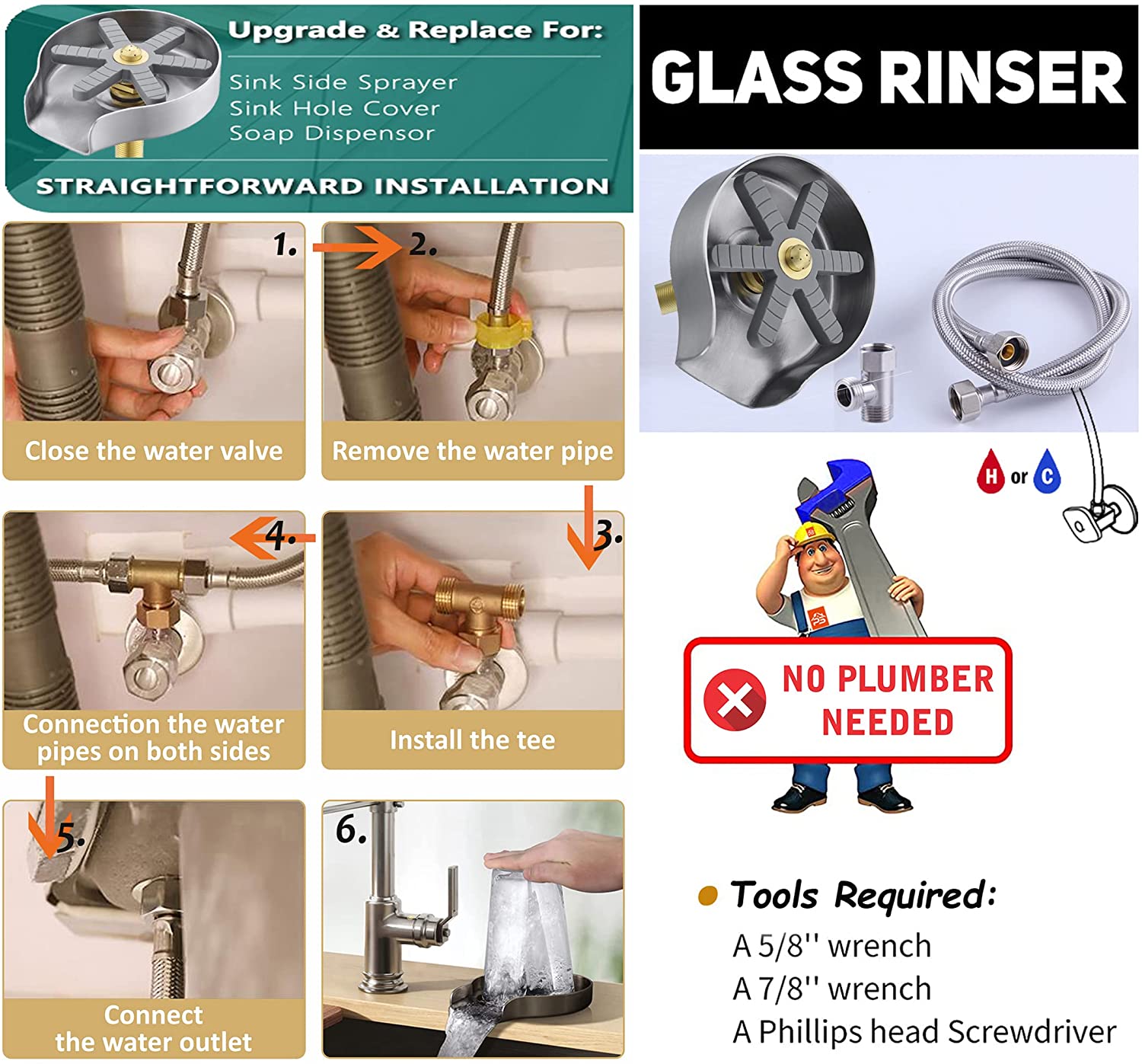 Bronze Kitchen Sink Glass Rinser, Faucet Cup Rinser for Kitchen Sinks,Bottle Washer, Kitchen Sink Accessories, Stainless Stee