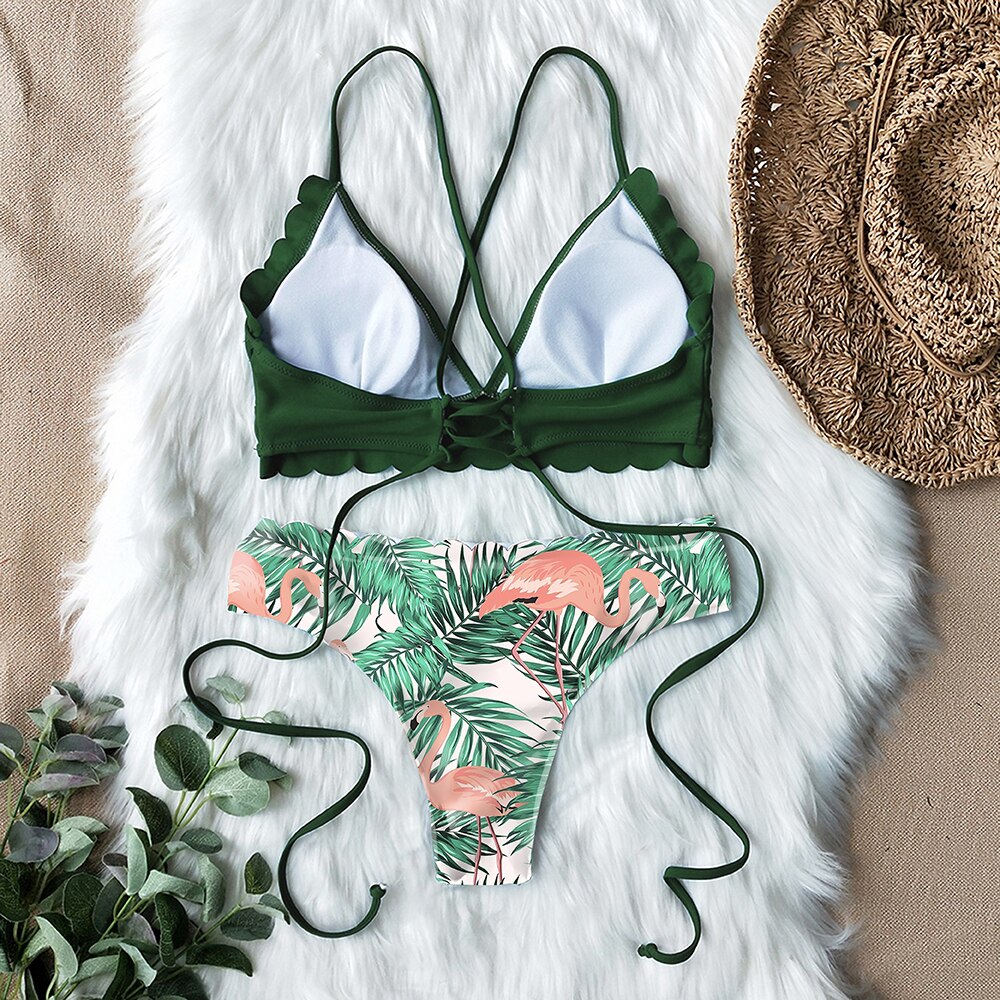 Bikini sæt flosset kant trykt bund sexet snøre badedragt to stykker badetøj kvinder strand wear badedragt biquini