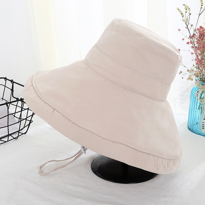 Sommar koreansk stil kvinnor tjej solhatt enkel dam hopfällbar bomull dam breda hattar utomhus fritid strand  #279469: Beige