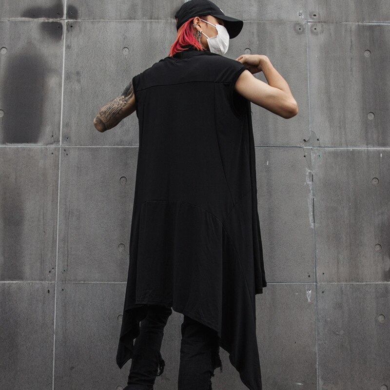 Nightclub men hip hop punk long vest sleeveless shirt cape man gothic style streetwear vest singer stage cardigan costume
