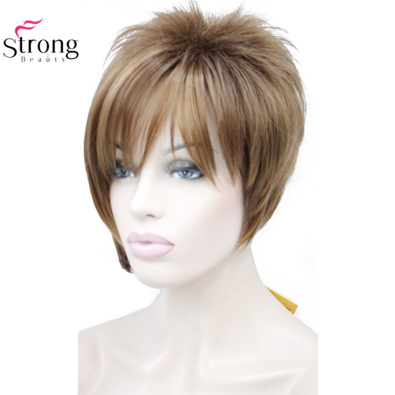 StrongBeauty Light Auburn with Highlights Inclined Bangs Short Straight Synthetic Hair Wig For Girl