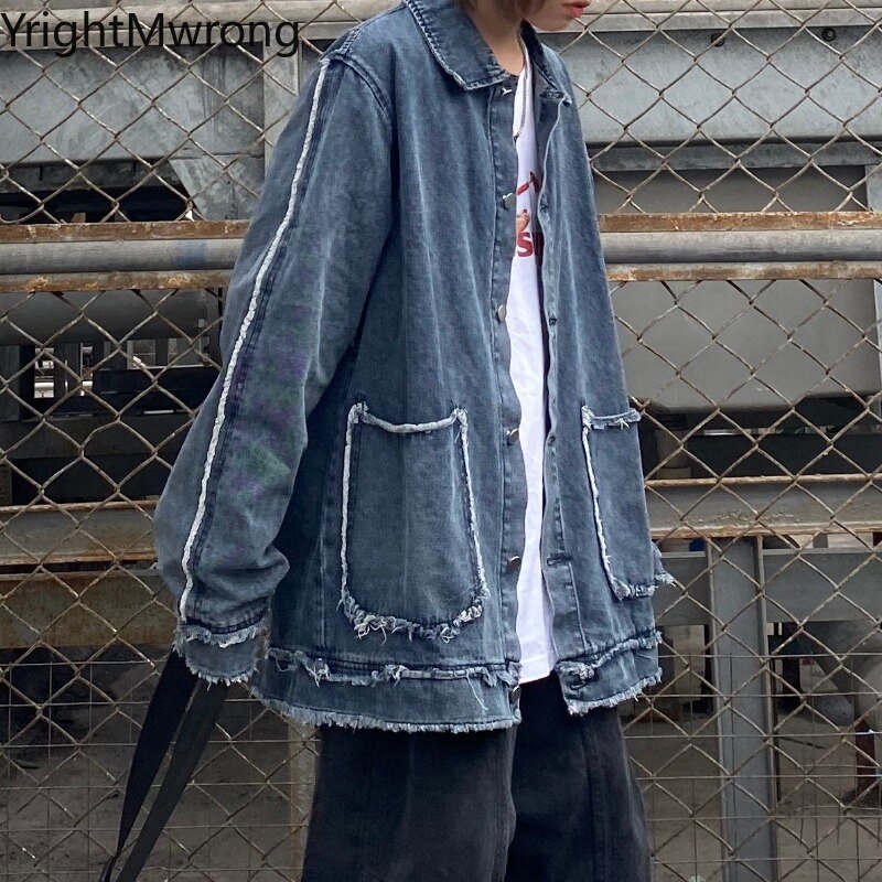 Streetwear Ripped Hip Hop Losse Denim Outfit Herfst Herfst Vrouw Man Jeans Windjack Chaqueta Pocket Button Shirt Blouse