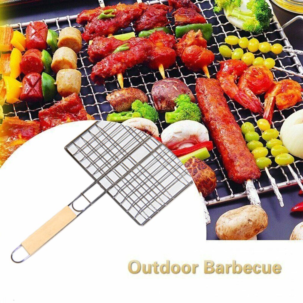 Stainless Steel BBQ Barbecue Grill Grid Portable Outdoor Barbecue Net Grilling Basket Folder Bbq Tools Roast Wooden Handle