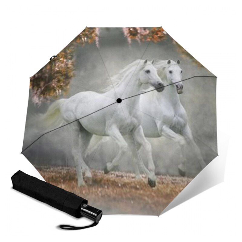 Anti uv drie opvouwbare witte paardenpatroon paraplu dieren schilderij pongee zonnige en regenachtige paraplu's mannen en vrouwen kunstparasol: Ysa 2117