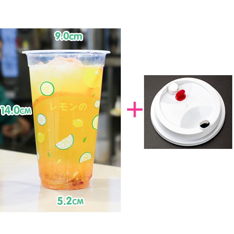 50pcs 90 caliber 500ml transparent cold drink cup fruit lemon peach pattern disposable juice plastic cups with lid: cup and lid1