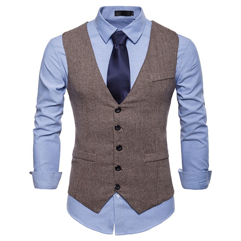 Kahki tweed jakkesæt vest mænd mærke sildebens tweed vest vest mænd business casual social vest chaleco hombre: Khaki / Xl