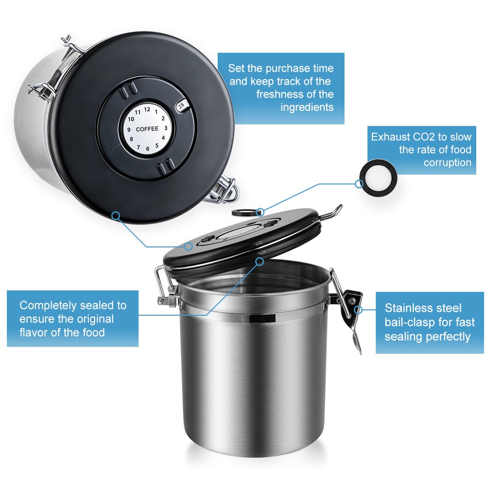 1.5/1.8l kaffebeholder med scoop lufttæt kaffebeholder rustfrit stål opbevaringsbeholder sæt til kaffebønner te