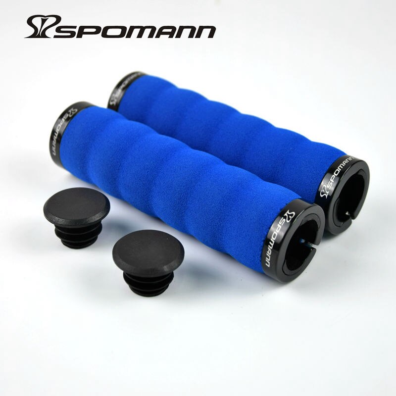 SPOMANN Soft Sponge Cycling Handlebar Grips MTB Road bicycle Alloy Integrated Lockable Grip Manopla Bike Bicicleta Parts 100g: Blue(Black)