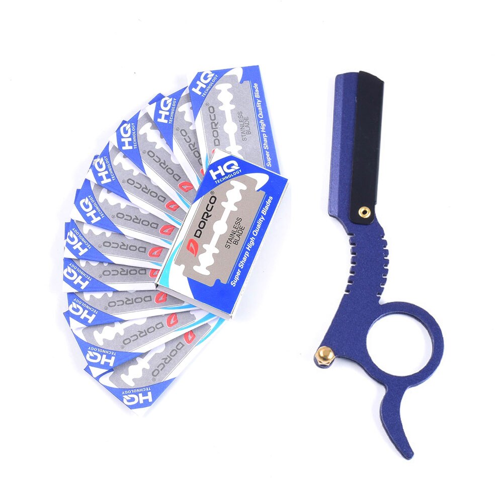 Multi-function Barber Beard Straight Edge Razor with 10 Knife Blades Eyebrow Trimming Blades Replaceable Beard Shaving Tools: Blue