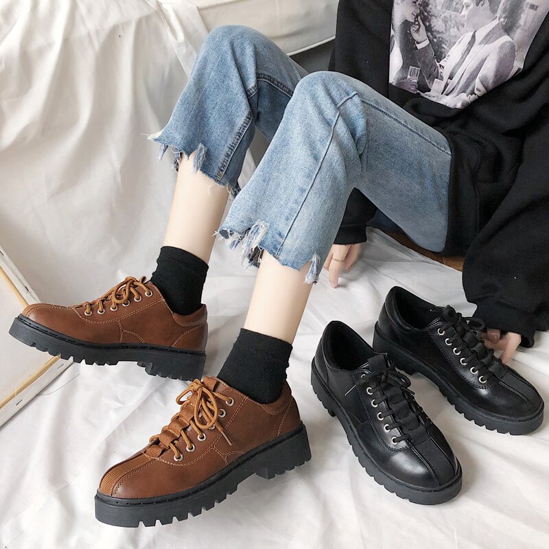 Patchwork cross-tied round toe oxfords creepers muffin british shoes women sewing brand flats all match leather footwear
