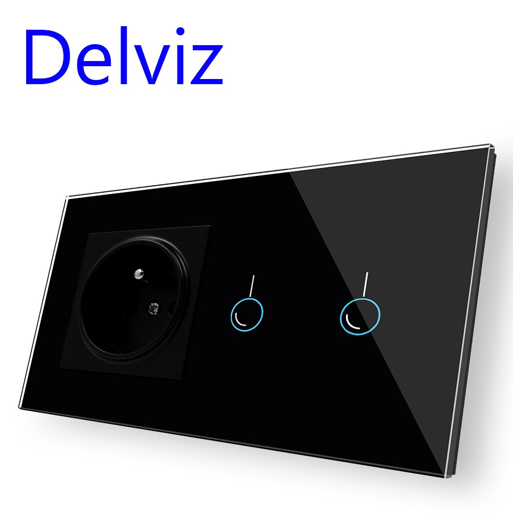 Delviz 16A French Wall Mains Socket with Touch Switch,Kitchen plug sockets,146*86,AC110~240V,EU Crystal Glass Panel 2Way Switch: Black