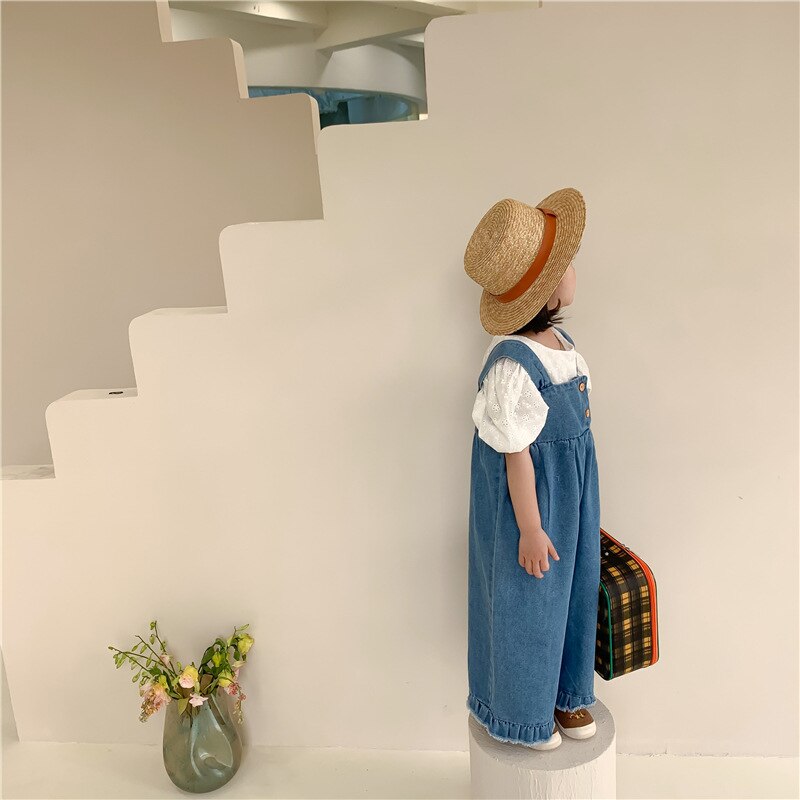 Primavera autunno stile coreano ragazze moda gamba larga increspature tuta di jeans bambini pantaloni larghi con bretelle larghe