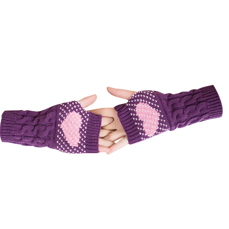 1 Pair Winter Heart Printing Half-finger Gloves Women Stylish Thick Warm Knitted Arm Wrist Warmer Fingerless Cute Gloves: Purple
