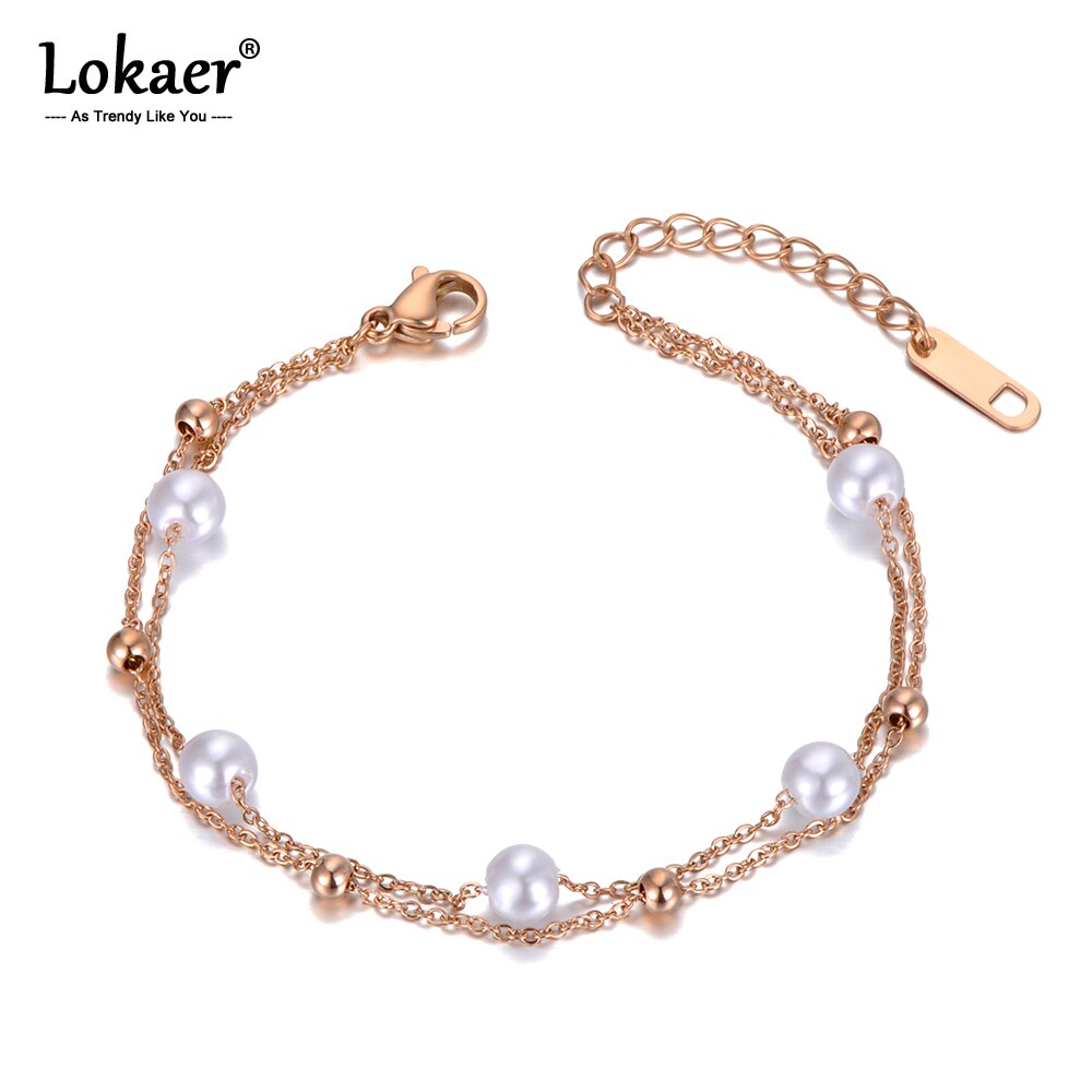 Lokaer à la Double couche blanc perle breloque Bracelets pour femme bohême acier inoxydable lien & chaîne plage Bracelet B20013