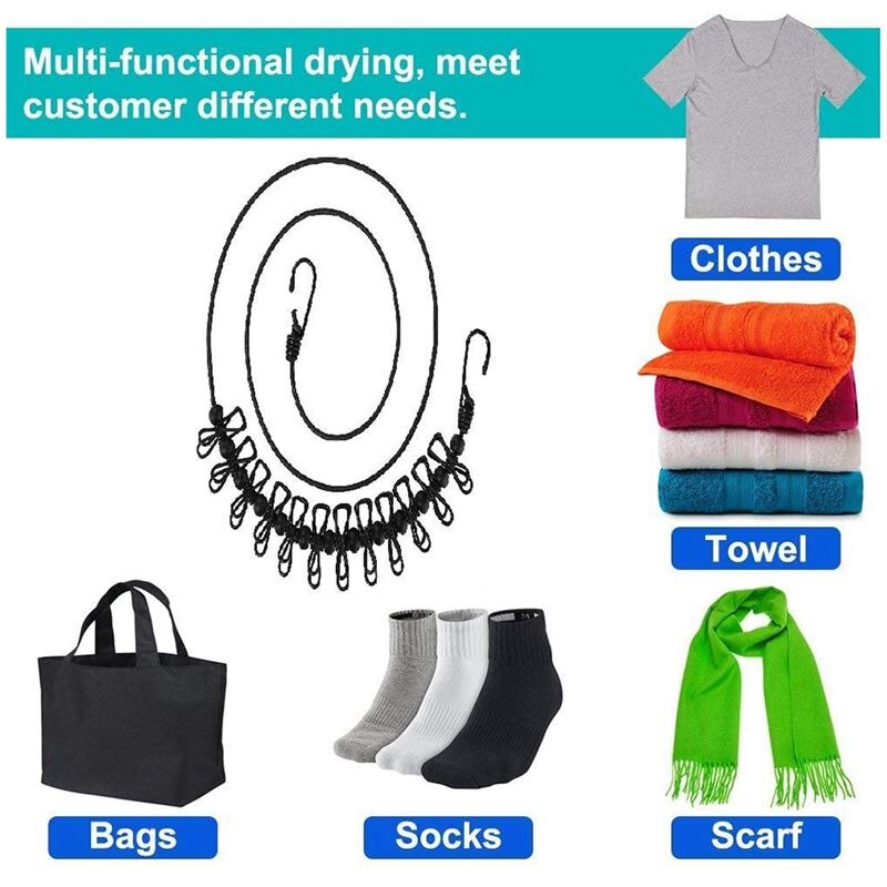 2 Pack Portable Clothesline with 12 Clothespins,Windproof Travel Clothesline Stretchy Retractable Elastic Laundry Clothes Li