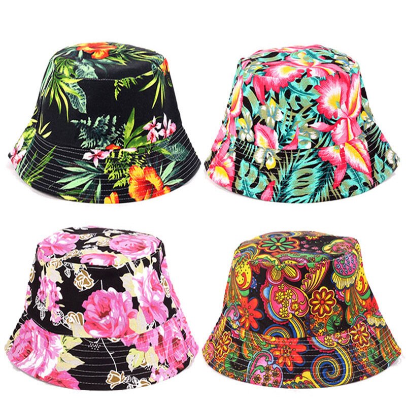 Sun Hat Beach Sunscreen Bucket Cap Unisex Flowers Pattern Bucket Hat Fisherman Hat Travel Beach Round Hats Sunshade Casual Caps