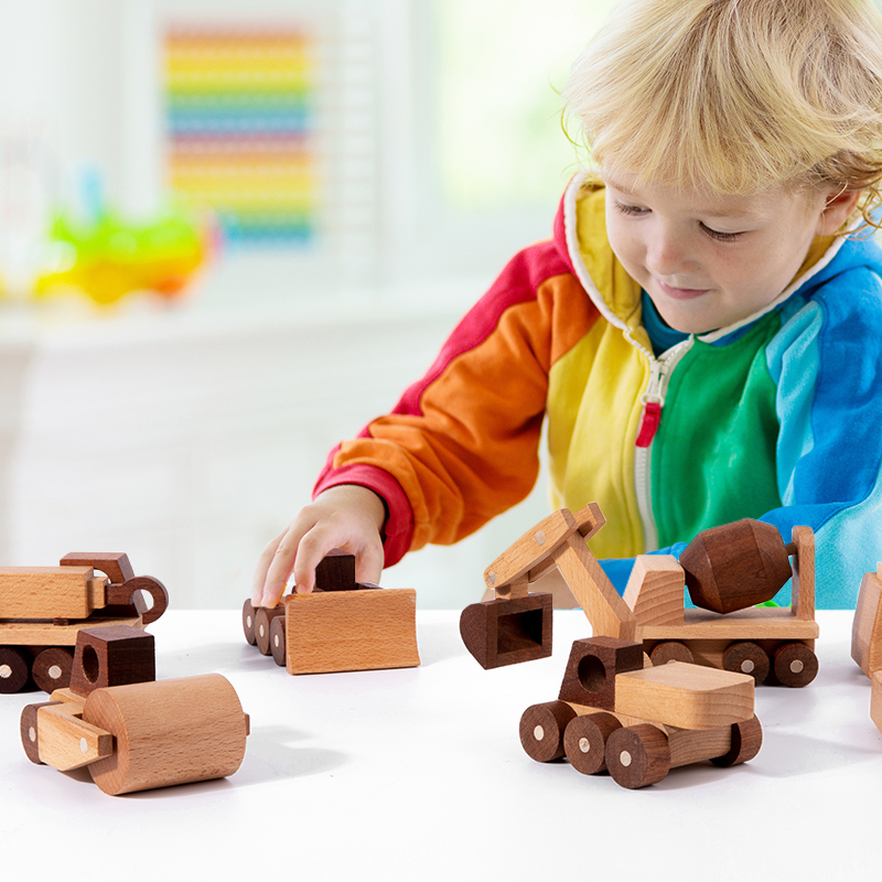 Giocattoli in Legno di Faggio, Blocchi a Forma di Auto, Escavatore Cartoon, Giocattoli Educativi Montessori, Ambulanza e Auto della Polizia per Bambini, Regalo di Compleanno