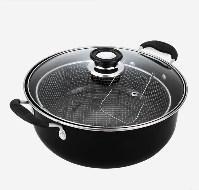 Olla para freír profunda, olla de sopa gruesa, pequeña, placa de inducción Universal, con canasta Con rejilla, sartén antiadherente, fundido: 28cm with lid